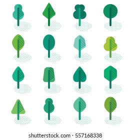 Conjunto de diferentes tipos de árboles forestales iconos geométricos con sombra