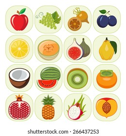 Set of different kinds of fruit icons. Vegetarian food icons. Collection of flat design icons presenting different kinds of fruits. Vector illustration of colorful and cute food icons.