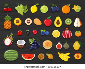 Conjunto de diferentes tipos de ícones de frutas. Ilustração vetorial de ícones de alimentos coloridos e fofos.
