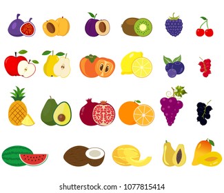 Set of different kinds of fruits icons. Collection of flat design icons presenting different types of fruits isolated on white background.