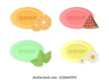 Juego de diferentes tipos de jabones duros con sandía, menta, camomila, naranja. Ilustración vectorial al estilo de una caricatura plana