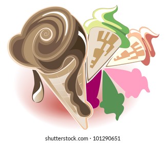 A set of different kinds of ice cream cones