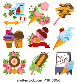 Set of different kinds of ice cream. Desserts and sweets color illustration.