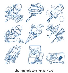 Set of different kinds of ice cream. Desserts and sweets coloring illustration.