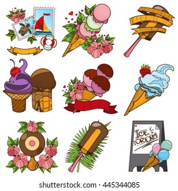 Set of different kinds of ice cream. Desserts and sweets color illustration.