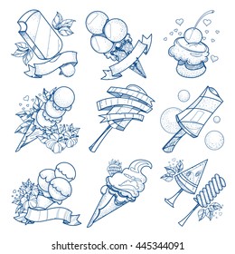 Set of different kinds of ice cream. Desserts and sweets coloring illustration.
