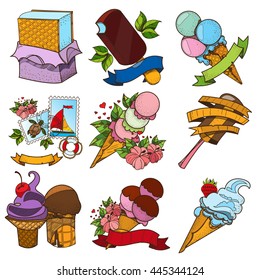 Set of different kinds of ice cream. Desserts and sweets color illustration.