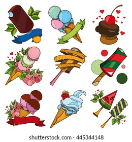 Set of different kinds of ice cream. Desserts and sweets color illustration.