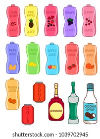 Set of different kinds of juice and syrups drinks vector colored illustration