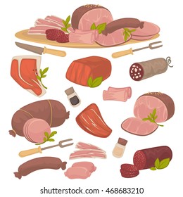 Set of different kinds of meat: bacon, pork, beef, sausage, steak, salami and wurst. Vector illustration isolated on white background