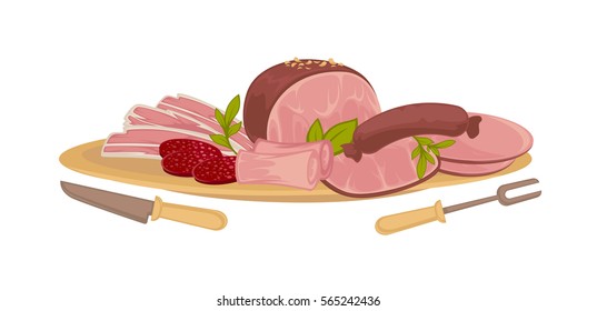 Set of different kinds of meat bacon, pork, beef, sausage, steak, salami and wurst. Vector illustration isolated on white background