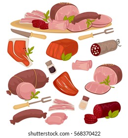 Set of different kinds of meat bacon, pork, beef, sausage, steak, salami and wurst. Vector illustration isolated on white background