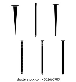 Set of different kinds of nails, common, cut, finishing, masonry, spiral, tack, realistic silhouettes with white details. Illustration for web or typography magazine, brochure, flyer, poster.