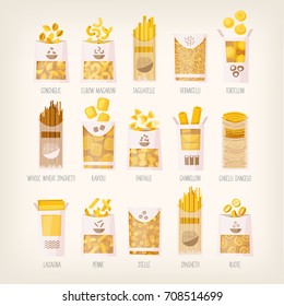 Set of different kinds of packed dry pasta with names. Variety of pasta for different receipts and dishes  