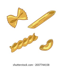 Set of different kinds of pasta: farfalle, penne, fusilli, pipe. Good for menu decoration
