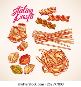 set with different kinds of pasta. hand-drawn illustration