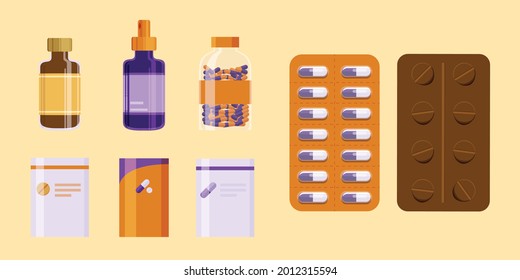 A set of different kinds of pills that are available in drugstores.