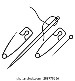 Set of different kinds of pins and a needle, isolated on white background.