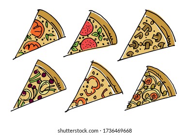 Set of different kinds of pizza pieces, freehand colored drawing on white background