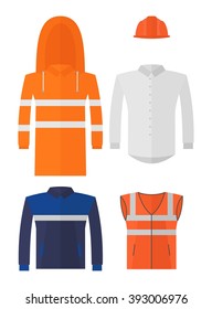 Set of different kinds protective work wear.Conceptual image of work wear for builder. Cartoon flat vector illustration. Objects isolated on a background. 