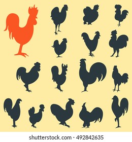 Set of different kinds of roosters, vector illustration, cock silhouettes