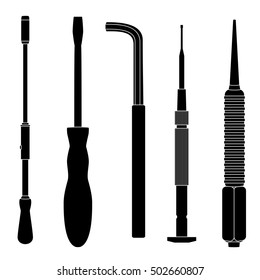 Set of different kinds of screwdrivers, hex driver, mini screwdriver, nail, spiral, silhouettes with white details. Illustration for web or typography magazine, brochure, flyer, poster.