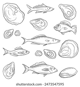 Set of different kinds of seafood: fish, salmon, carp, dorado, drum, oyster in balck isolated on white background. Hand drawn vector sketch illustration in doodle vintage engraved style.