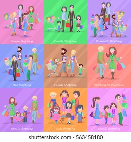 Set of different kinds of shopping in storehouses. Romantic families with kids, men and women on valentine shopping. Vector illustration of happy big families and couples in stores.