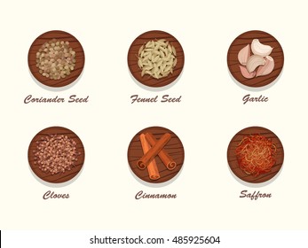 Set of different kinds of spices on wooden board. Collection of condiments - coriander seed, fennel seed, garlic, cloves, cinnamon and saffron. Realistic vector illustration.