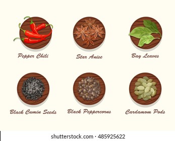 Set of different kinds of spices on wooden board. Collection of condiments - star anise, pepper chili, bay leaves, black cumin seed, black peppercorns and cardamom pods. Realistic vector illustration.