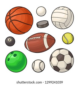 Set different kinds sport balls icons. Vector color illustration. Isolated on white background. Hand drawn design element for label and poster