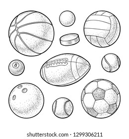 Set different kinds sport balls icons. Engraving vintage vector black illustration. Isolated on white background. Hand drawn design element for label and poster