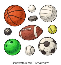 Set different kinds sport balls icons. Engraving vintage vector color illustration. Isolated on white background. Hand drawn design element for label and poster