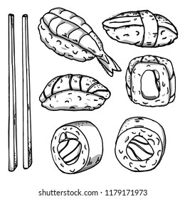 Set with different kinds of sushi and rolls, famous Japanese dishes on white background. Stylish monochrome illustration. Silhouette. Vector illustration in sketch style.
