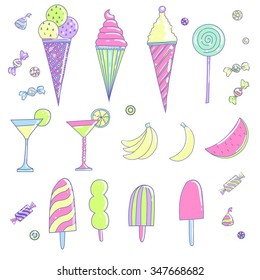 Set of different kinds of sweets: ice-cream, watermelon, candies, bananas, beverages isolated on white background