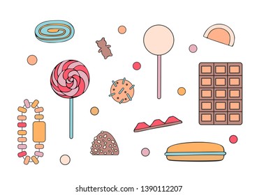 Set with different kinds of sweets. lollipops, chocolate, marmalade, pastries. For your design, announcements, postcards, posters.