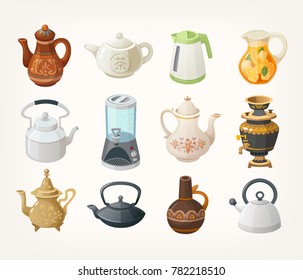 Set of different kinds of tea kettles from all over the world. Vector illustrations for your designs.