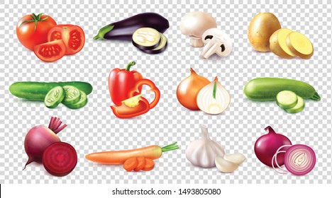 Set with different kinds of vegetables realistic images on transparent background with whole fruits and slices vector illustration