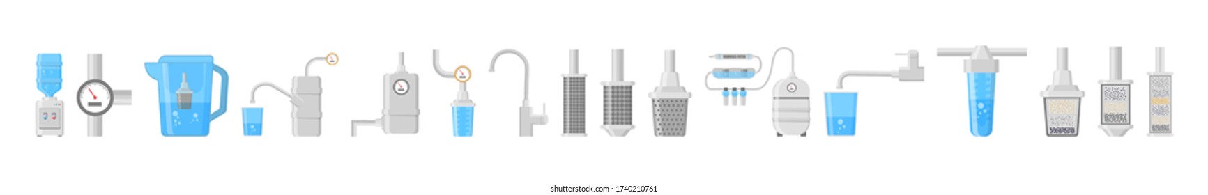 Set of different kinds of water filters and systems vector illustrations. Flat icons of water filter isolated on white background. Vector illustration in flat design, EPS 10.