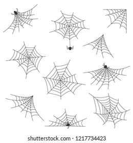 Set of different kinds of web with spiders on a white background