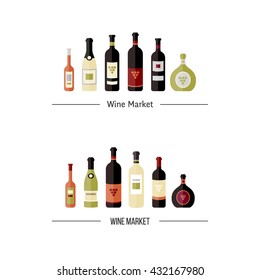 Set of different kinds wine bottles in flat. Design elements for banners, markets, alcohol advertising, bars and vineyards.