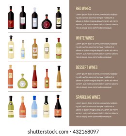 Set of different kinds wine bottles in flat. Design elements for banners, markets, alcohol advertising, bars and vineyards.
