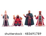 Set of different kings wearing crowns and mantles, cartoon vector illustration isolated in white background. Four kings - tall and short, slim and fat, young and old, black and white skinned