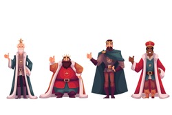 Set Of Different Kings Wearing Crowns And Mantles, Cartoon Vector Illustration Isolated In White Background. Four Kings - Tall And Short, Slim And Fat, Young And Old, Black And White Skinned