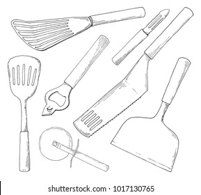 Set of different kitchen accessories. Vector illustration in sketch style