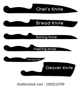 Set of different kitchen knives. Knife silhouettes. Vector