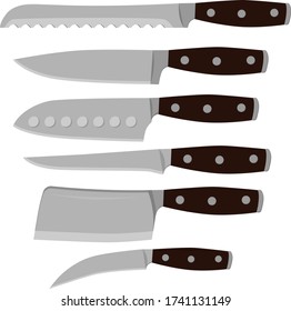 A set of different kitchen knives. Vector illustration on the theme of Cutlery and kitchen utensils on a white background.