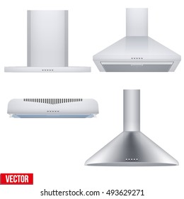 Set of different Kitchen range hoods. Front view. Domestic equipment. Editable Vector illustration Isolated on white background.