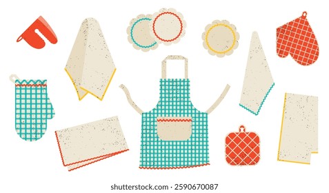 Set of different kitchen textiles. Apron, oven mitts, napkins and other on white background.