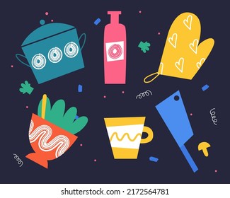 A set of different kitchen utensils. Bright abstract tableware. Vector illustration.